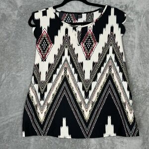 Shein XL Top Shirt Black Aztec Striped Scalloped Trim Sleeveless Scoop Neck